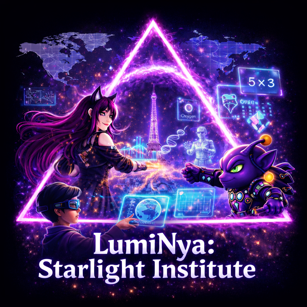 LumiNya: Starlight Institute hero artwork showing LumiNya, Nebblip, and AR learning visuals